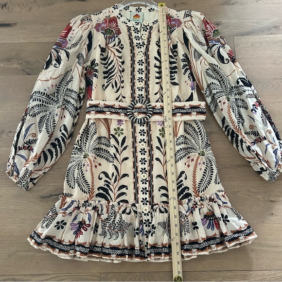 FARM RIO Nature Mini Dress Romantic Bead Belt Maximalist Puff Beige Size Medium - Picture 16 of 16